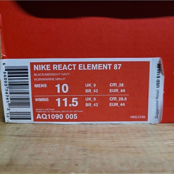 Nike React Element 87 Black Midnight Navy Blue Size 10 Running Shoe AQ1090-005 - Picture 11 of 12